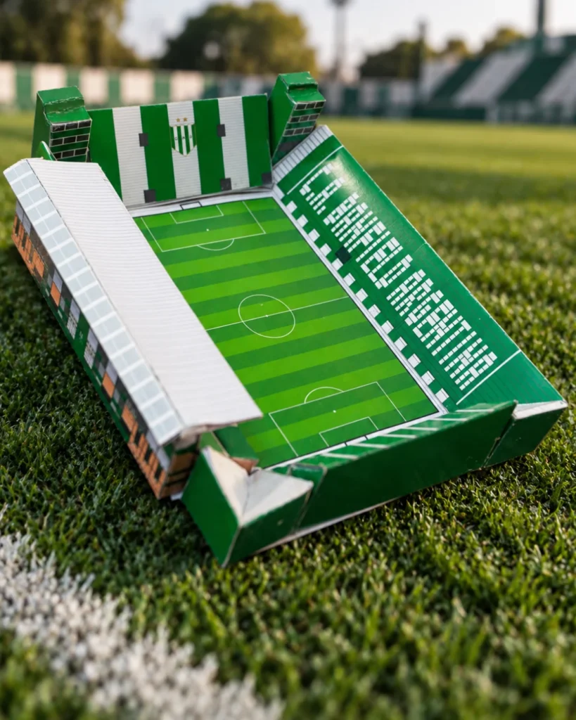 Estadio Florencio Sola a escala ya armado y terminado, apoyado sobre el pasto